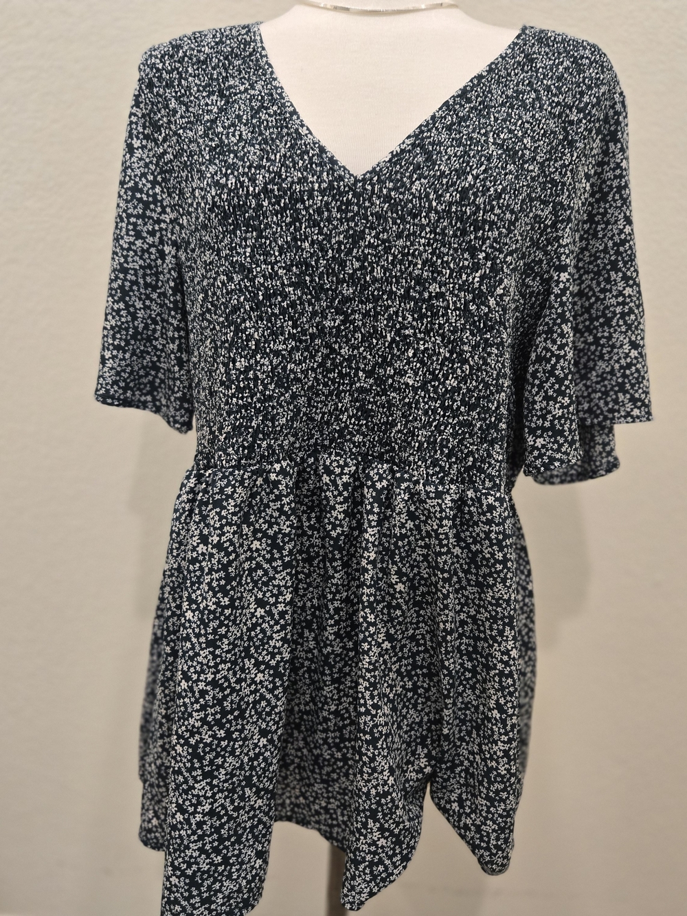 Navy Green Floral V-Neck Smocked Waist Dress